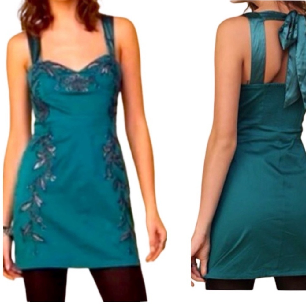 Free People Leaf Motif Smocked Dress Teal Size 8 Floral Embellished Sparkle Boho